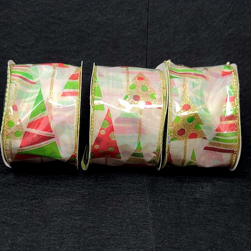 VALUE BUNDLE Christmas Tree Wired Ribbon 3 pk 2.5" Red Green Gold Glitter SEALED